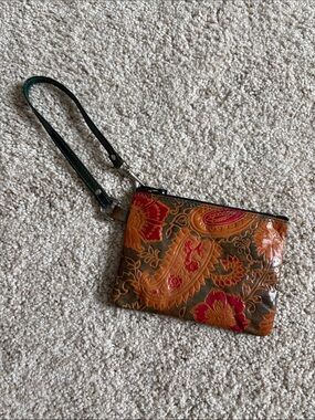 Wristlet Clutch in Olive Green with Orange & Pink Paisley Floral